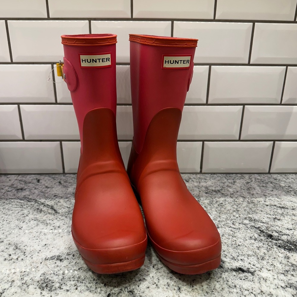 Hunter Women 10 Original Short Rain Boots Red Pink Color Block WFS2026RMA Buckle - Picture 2 of 8